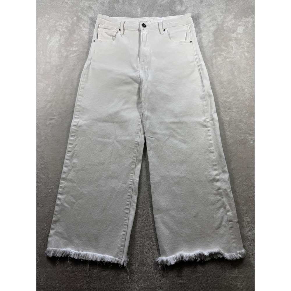 Risen Womens High Rise Wide Leg Frayed Hem White Jeans 11/30 Meas: 30x25